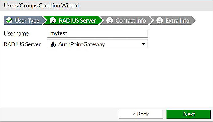 Screenshot of the name and RADIUS server for the RADIUS user